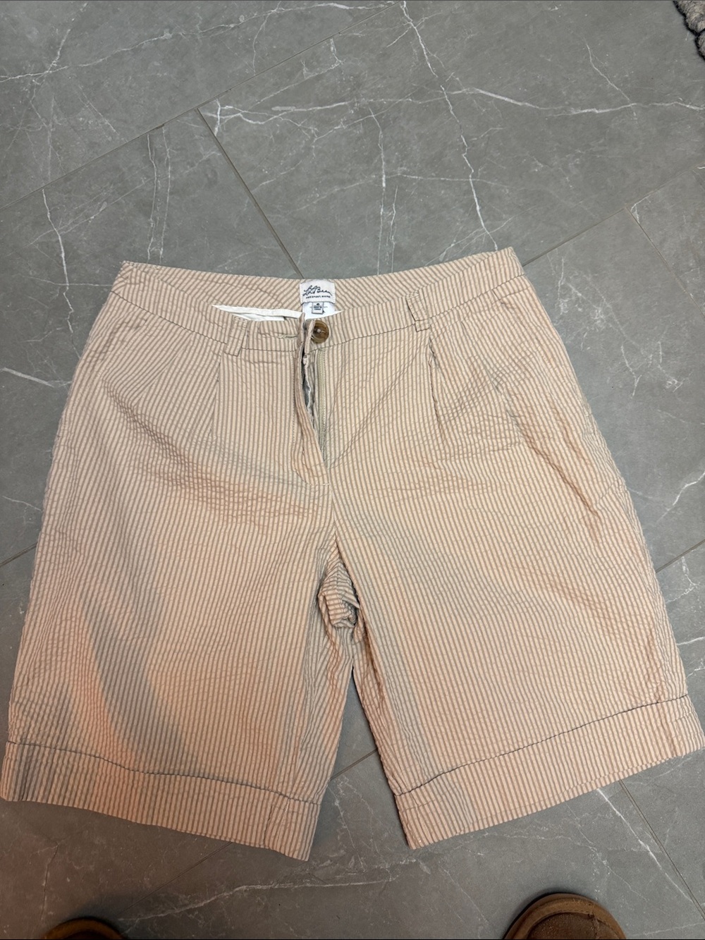 L.L. Bean Tan and White Pinstripe Seersucker Bermuda Shorts
